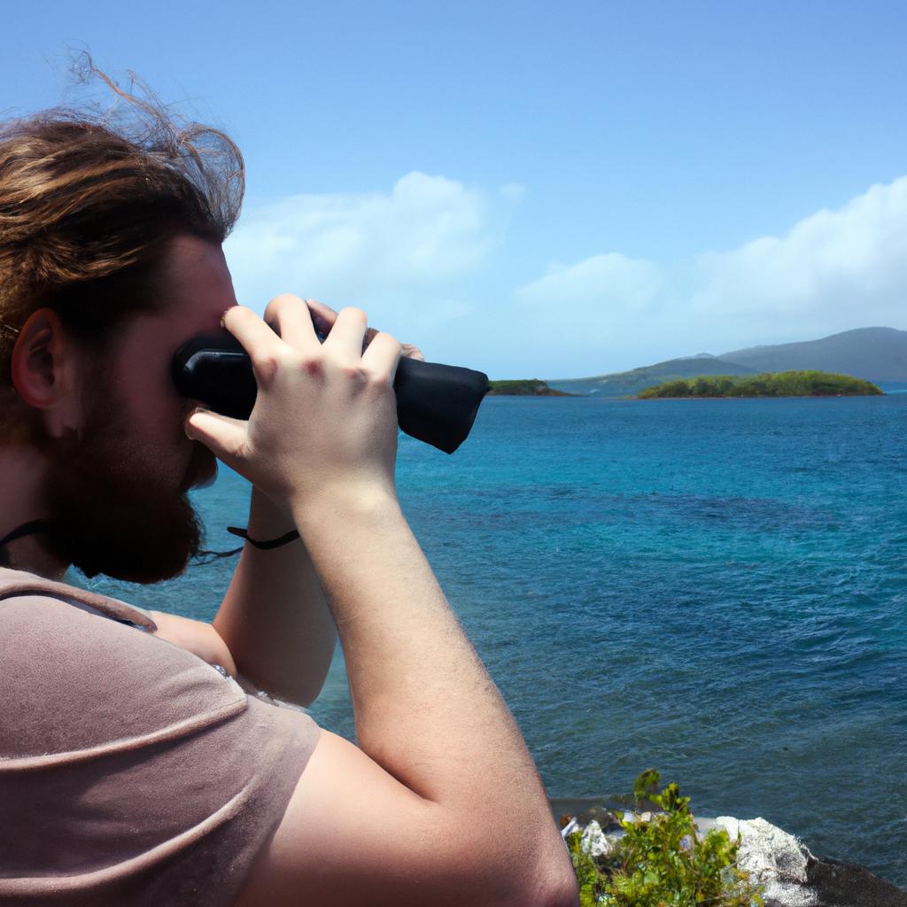 Person exploring islands with binoculars